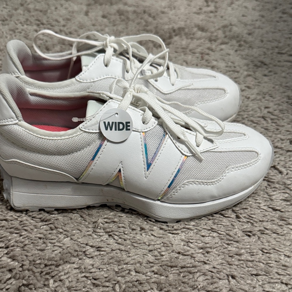 New Balance White Kids Sneakers with Rainbow Accents